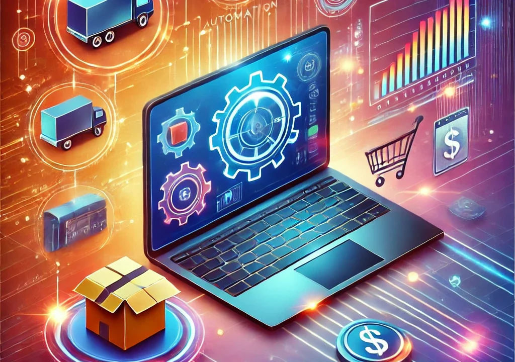 DALL·E 2024 10 05 15.03.36 A vibrant modern image illustrating the concept of automatic dropshipping with technology. The image should feature a laptop screen showing a dashboa