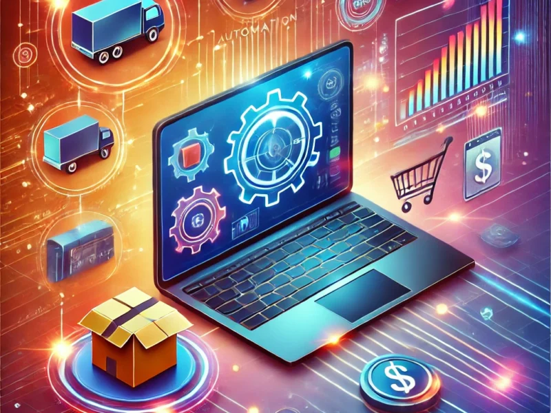 DALL·E 2024 10 05 15.03.36 A vibrant modern image illustrating the concept of automatic dropshipping with technology. The image should feature a laptop screen showing a dashboa