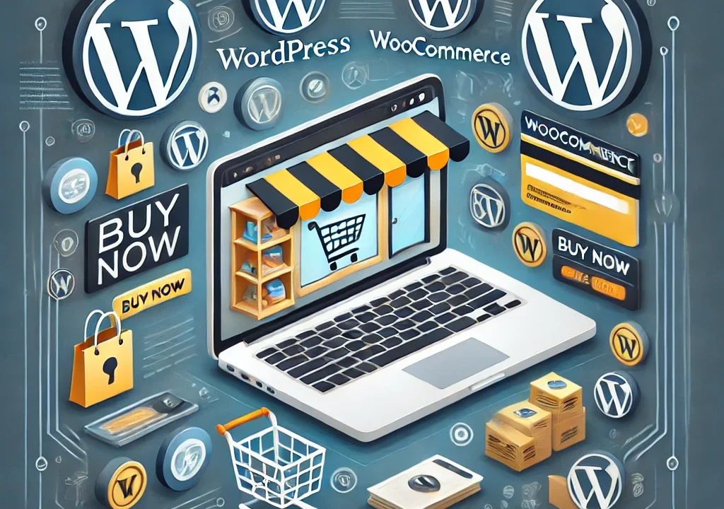 DALL·E 2024 10 05 15.07.54 A clean and professional image illustrating the creation of an eCommerce store using WordPress and WooCommerce. The image should feature a laptop with