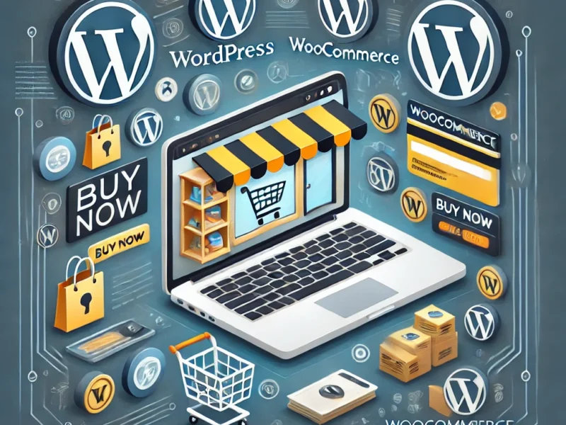 DALL·E 2024 10 05 15.07.54 A clean and professional image illustrating the creation of an eCommerce store using WordPress and WooCommerce. The image should feature a laptop with