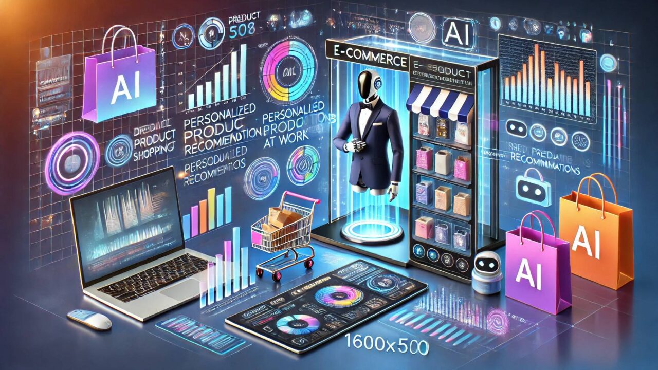 DALL·E 2024 10 10 10.29.01 A futuristic e commerce scene showcasing AI technology at work. The image features elements like a digital storefront with personalized product recomm