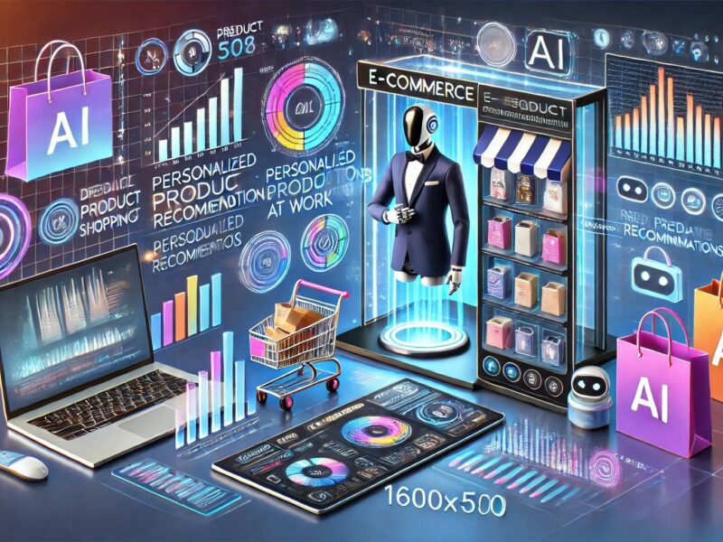 DALL·E 2024 10 10 10.29.01 A futuristic e commerce scene showcasing AI technology at work. The image features elements like a digital storefront with personalized product recomm