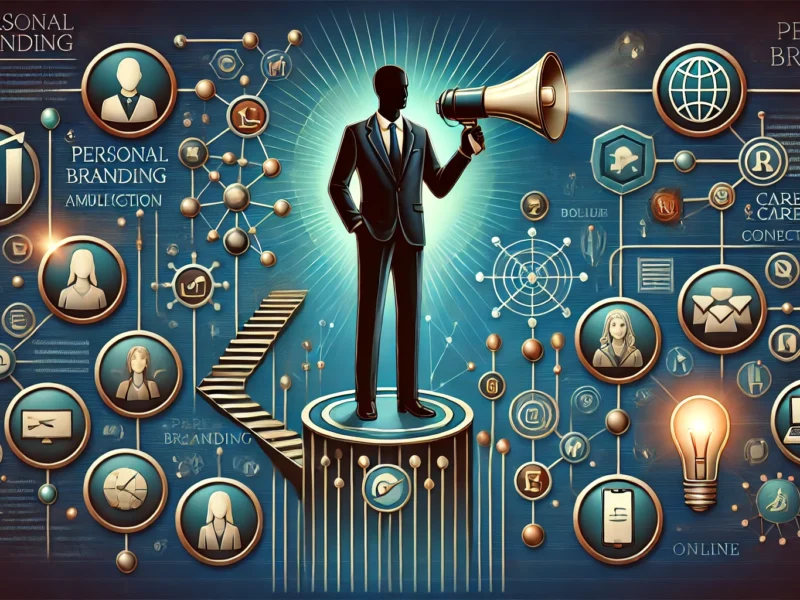 DALL·E 2024 10 12 11.44.21 A more realistic professional illustration representing personal branding and career growth. In the center a confident human figure stands surrounde