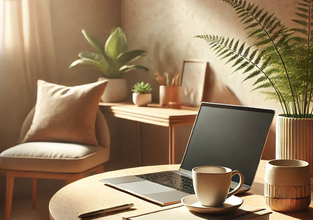 DALL·E 2024 10 15 09.37.49 A calming balanced workspace setup with soft natural light showcasing a comfortable desk with a laptop a potted plant a cup of coffee and a noteb