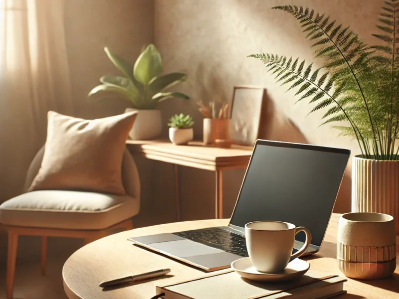 DALL·E 2024 10 15 09.37.49 A calming balanced workspace setup with soft natural light showcasing a comfortable desk with a laptop a potted plant a cup of coffee and a noteb