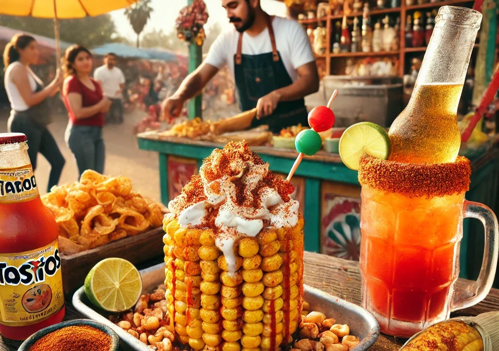 Mexican snacks with chamoy and chili, Michelada beer with Tajín rim, Street food in Mexico, Elote with mayo, cheese, and chili