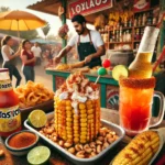 Mexican snacks with chamoy and chili, Michelada beer with Tajín rim, Street food in Mexico, Elote with mayo, cheese, and chili