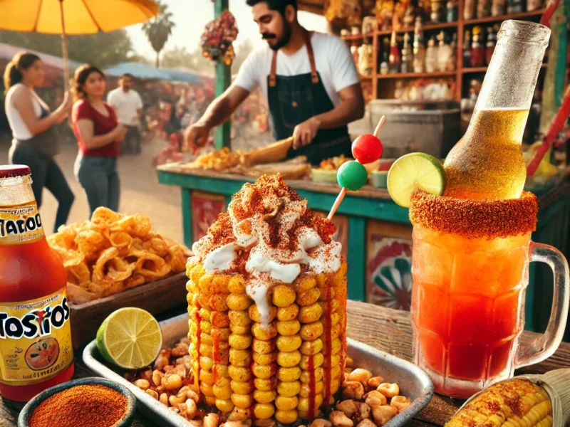 Mexican snacks with chamoy and chili, Michelada beer with Tajín rim, Street food in Mexico, Elote with mayo, cheese, and chili
