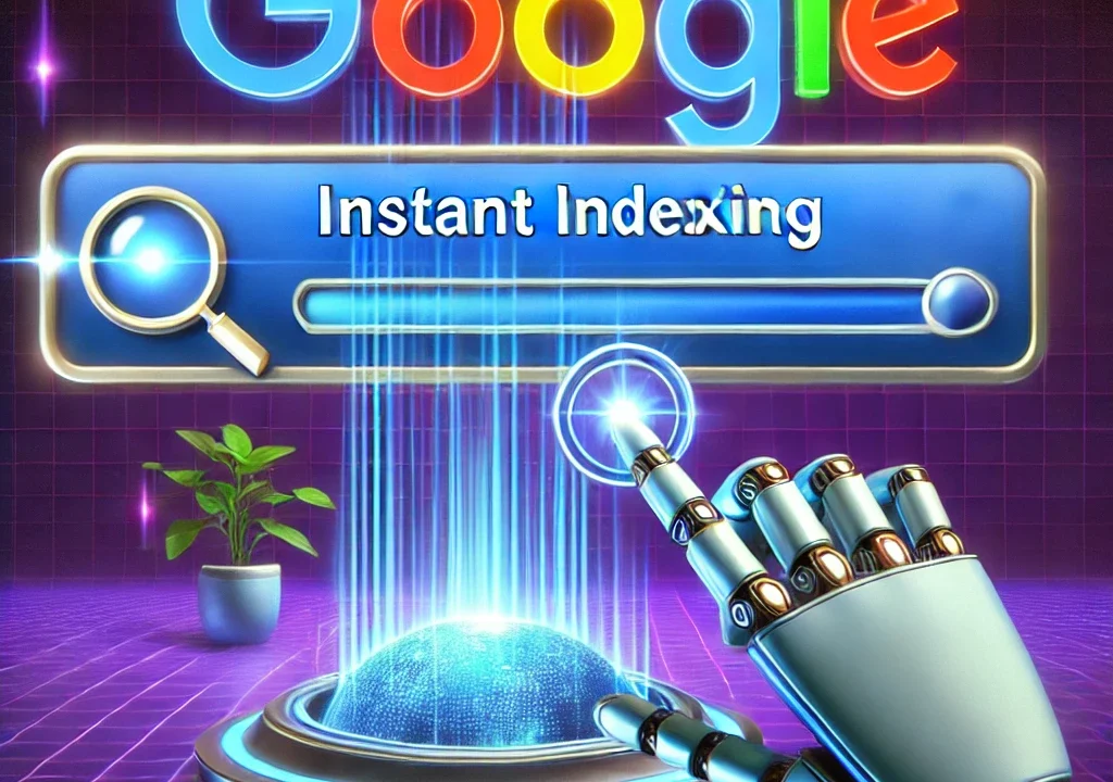 Futuristic digital illustration of a search engine interface with a glowing Google logo, a robotic hand clicking 'Instant Indexing,' and a progress bar completing in seconds, symbolizing fast website crawling and indexing.