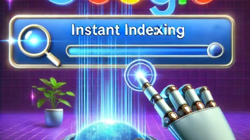 Futuristic digital illustration of a search engine interface with a glowing Google logo, a robotic hand clicking 'Instant Indexing,' and a progress bar completing in seconds, symbolizing fast website crawling and indexing.