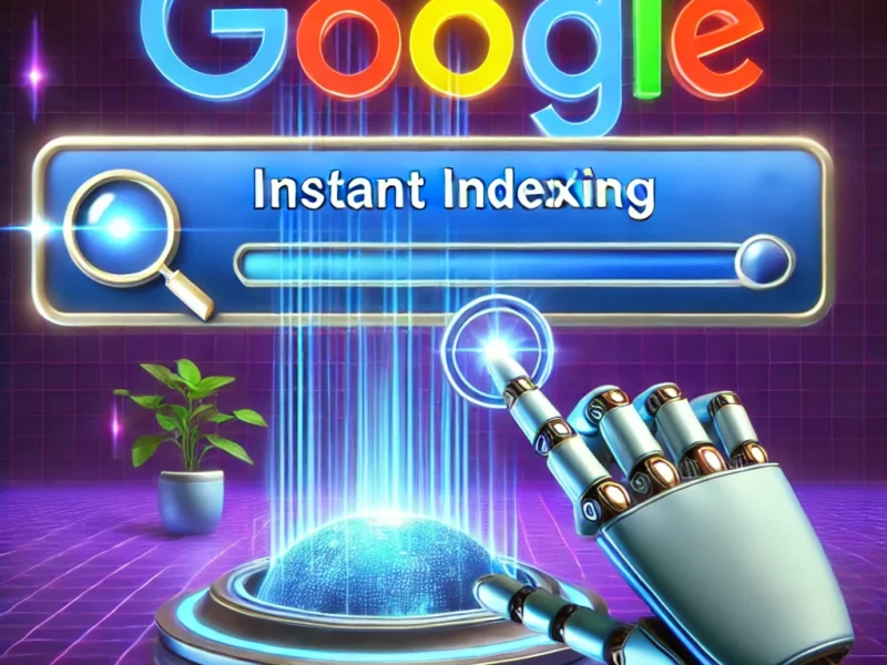 Futuristic digital illustration of a search engine interface with a glowing Google logo, a robotic hand clicking 'Instant Indexing,' and a progress bar completing in seconds, symbolizing fast website crawling and indexing.