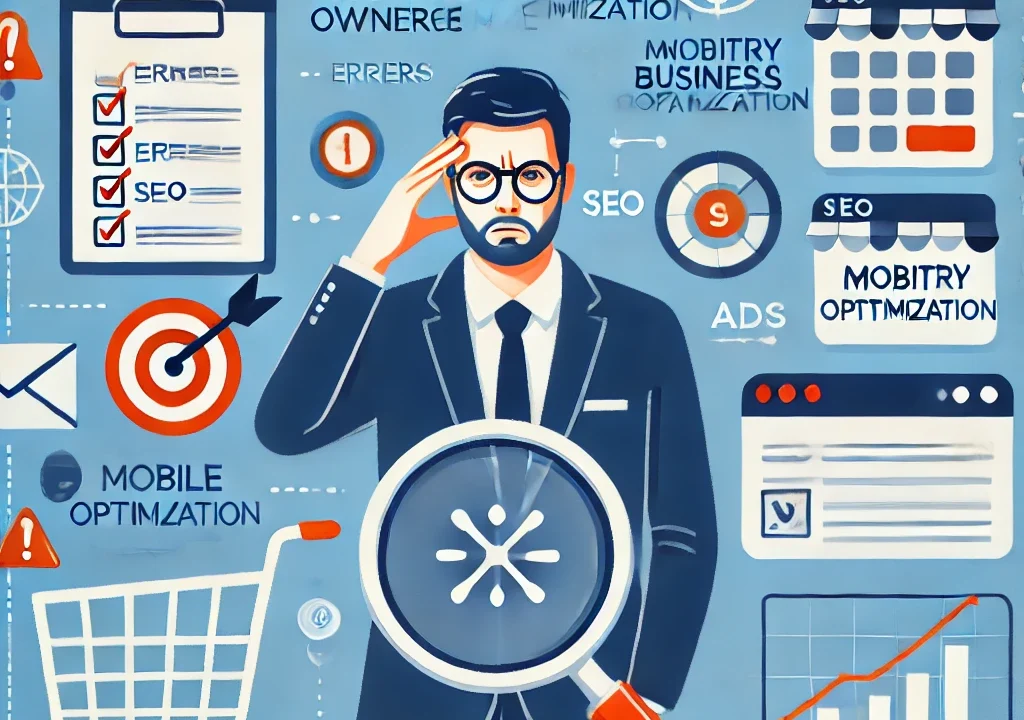 Illustration depicting common eCommerce mistakes, including shopping cart errors, SEO warnings, mobile optimization issues, and analytics confusion. A frustrated business owner looks at declining sales and performance metrics