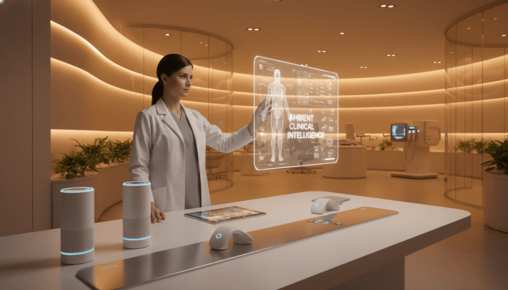 A modern healthcare environment showcasing "ambient clinical intelligence." In the foreground, a sleek, minimalist desk equipped with advanced AI voice assistants and monitoring devices, illustrating the seamless integration of technology. In the middle, a healthcare professional in professional attire interacts with a holographic display, demonstrating the use of AI in patient care. The background features soft, ambient lighting and futuristic medical equipment, highlighting a serene, high-tech clinic space. Bring in warm tones to create an inviting atmosphere, while ensuring the focus remains on the innovative technologies. Use a wide-angle lens to capture the spatial arrangement, emphasizing the harmonious blend of AI and clinical practice.