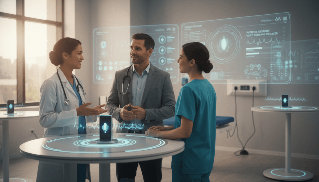 A modern healthcare office scene focusing on the integration of voice technology. In the foreground, a diverse group of healthcare professionals—two doctors and a nurse—are engaged in a lively discussion, each wearing professional attire. The middle ground features advanced voice-activated devices with soft glowing interfaces, illustrating their use in patient care. The background showcases a high-tech examination room with digital screens displaying patient data and voice commands. Soft, ambient lighting enhances a collaborative atmosphere, while a large window allows natural light to stream in, creating a sense of openness and innovation. The overall mood is optimistic and forward-thinking, capturing the positive impact of voice technology in reducing physician burnout.
